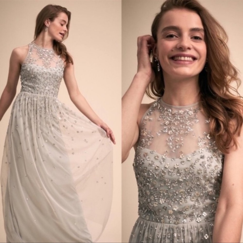Anthro x BHLDN Ginny Gray Embellished Maxi Dress